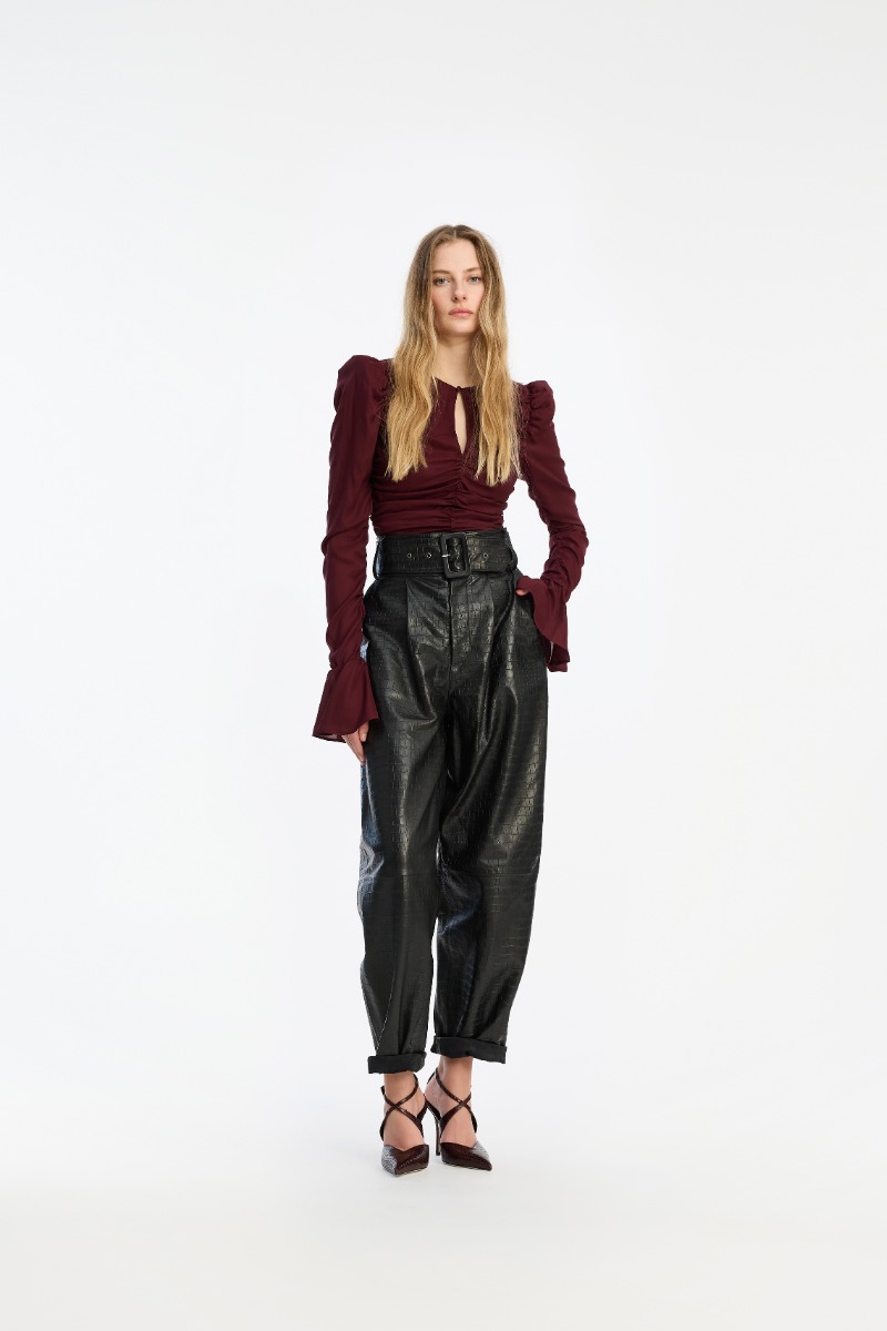 rotate birger christensen Chiffon Ruched Ls Top Burgundy
