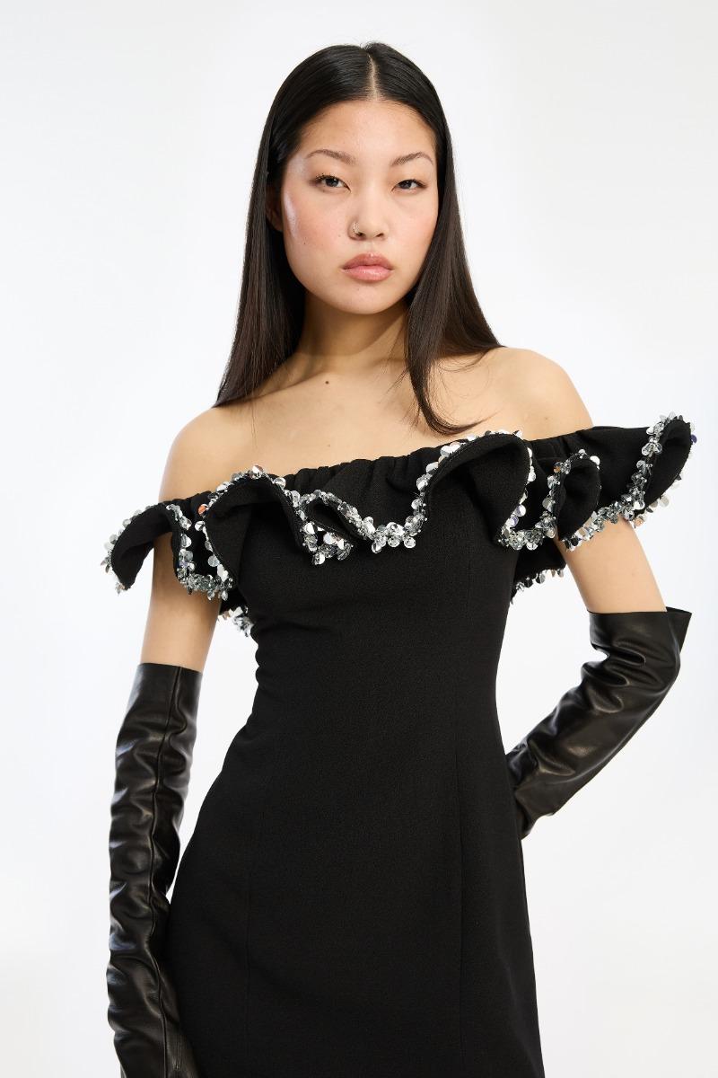 Rotate Birger Christensen Crepe Mini Ruffle Dress Black