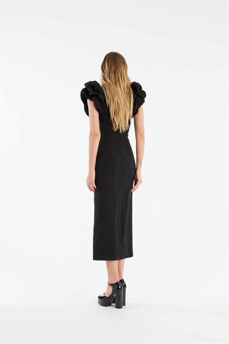 Rotate Birger Christensen Crepe Puffy Midi Dress Black