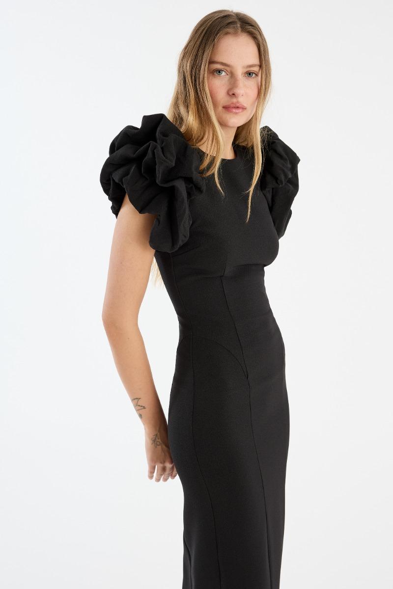 Rotate Birger Christensen Crepe Puffy Midi Dress Black