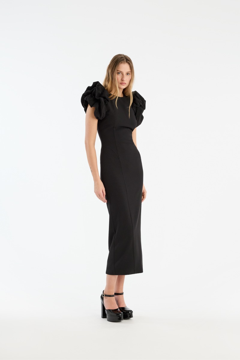 rotate birger christensen Crepe Puffy Midi Dress Black