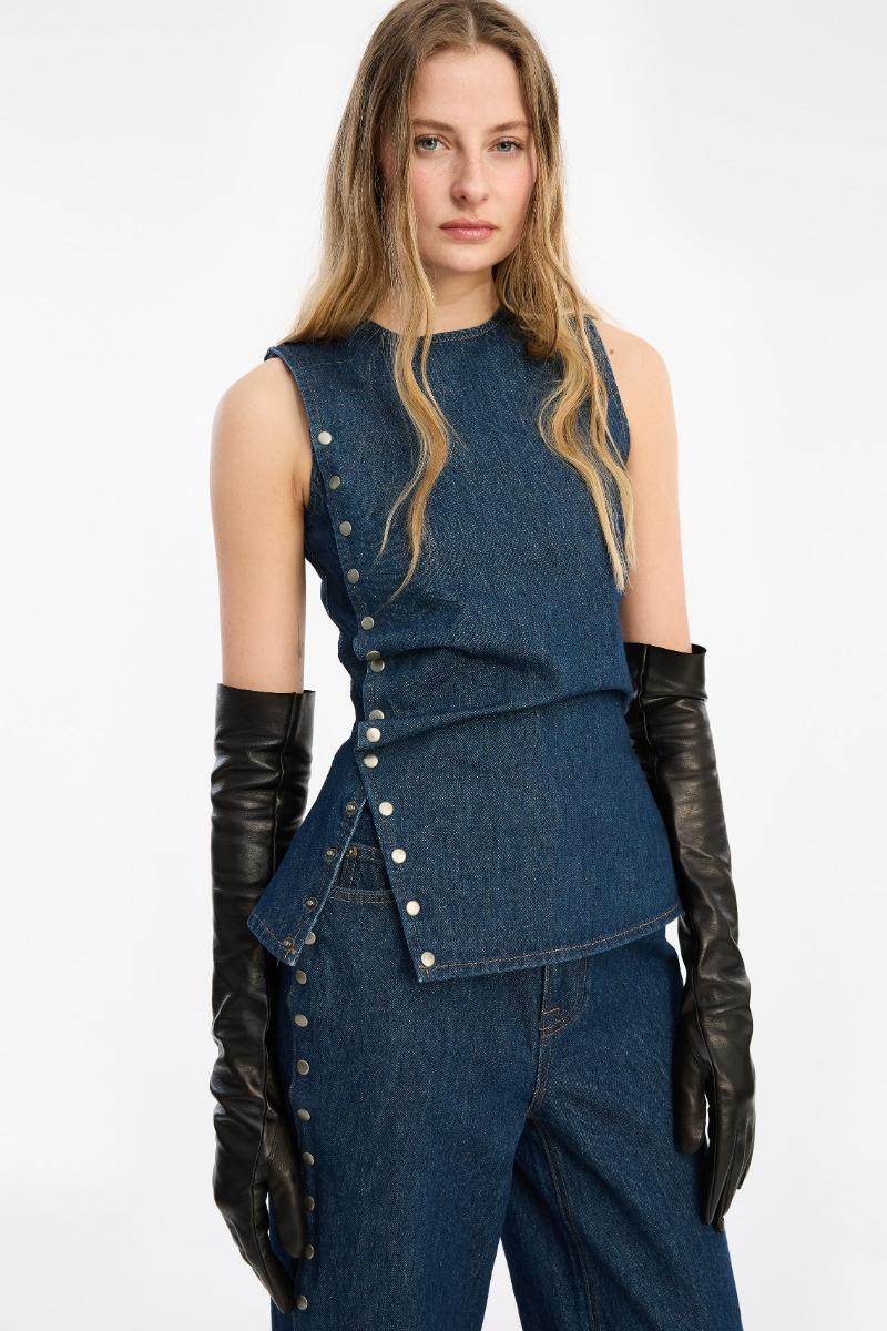Rotate Birger Christensen Denim Buttoned Top Dark Blue
