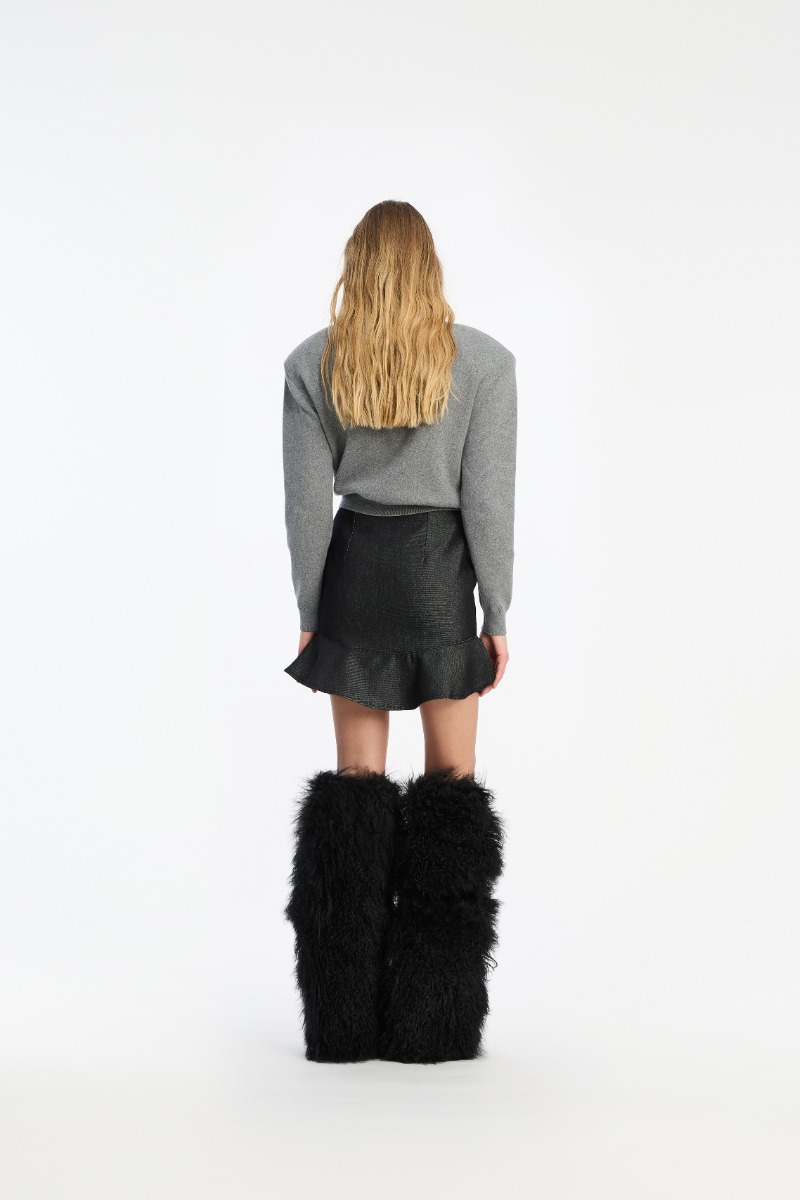 Rotate Birger Christensen Denim Mini Ruffle Skirt Black