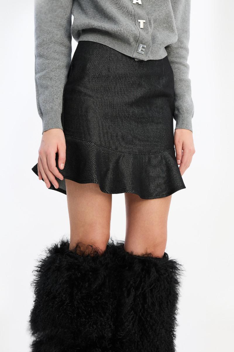 Rotate Birger Christensen Denim Mini Ruffle Skirt Black