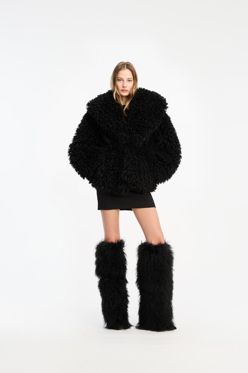 rotate birger christensen Faux Fur Belted Jacket Black