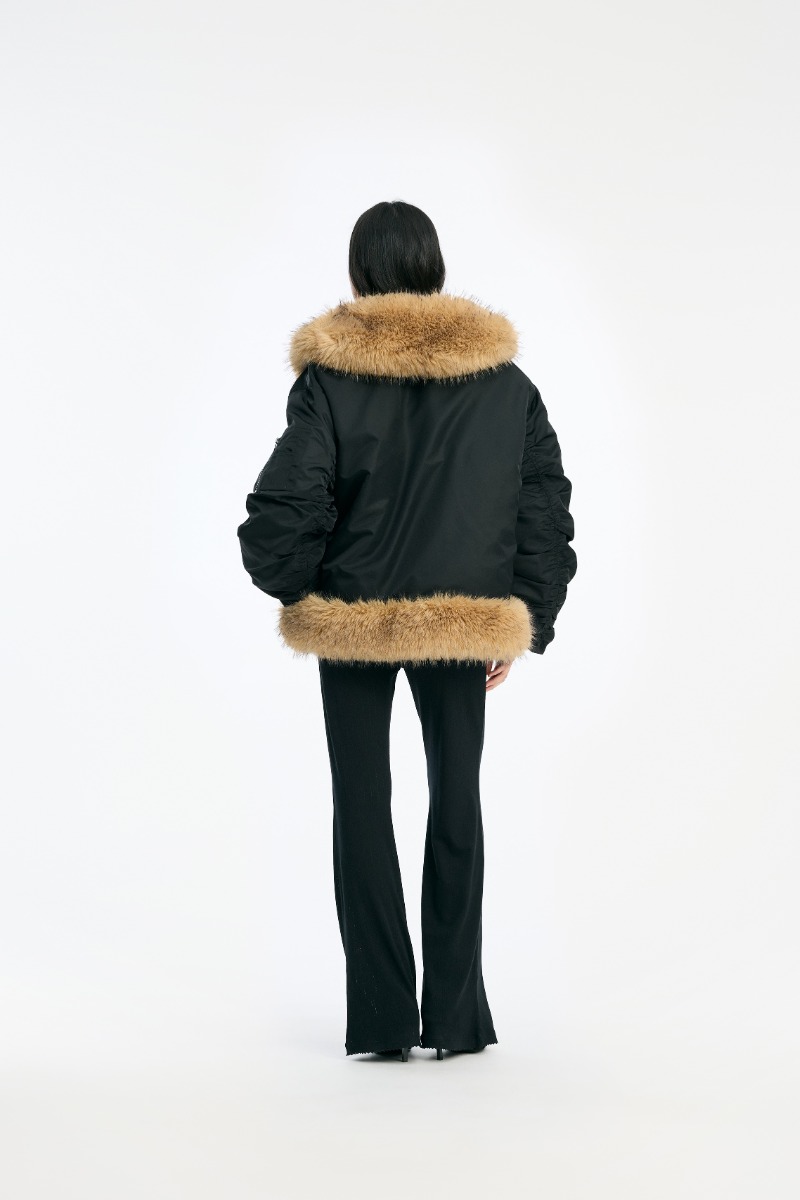 Rotate Birger Christensen Faux Fur Collar Bomber Black