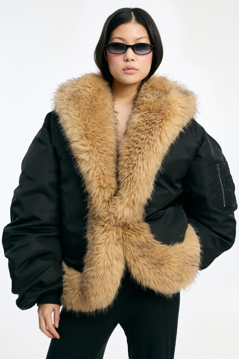 Rotate Birger Christensen Faux Fur Collar Bomber Black