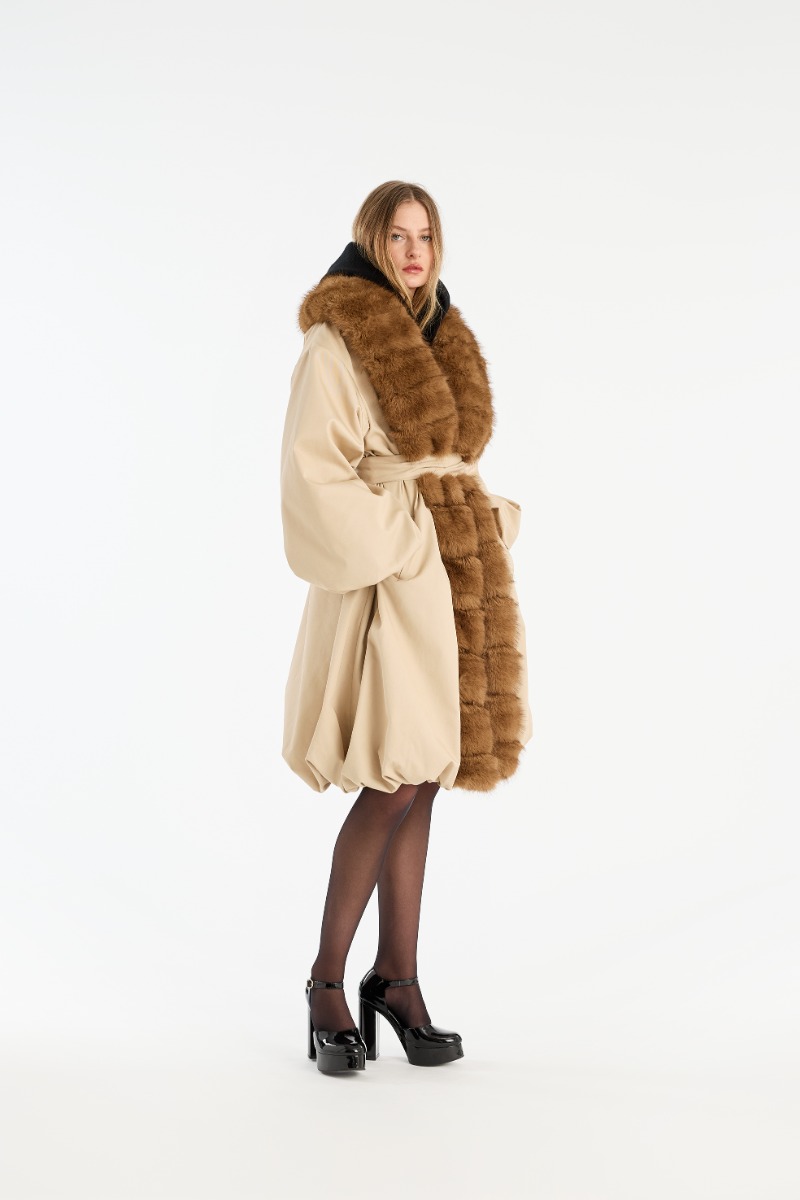 Rotate Birger Christensen Faux Fur Collar Coat Beige