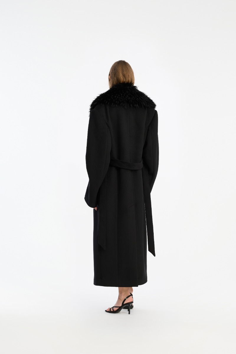 Rotate Birger Christensen Faux Fur Collar Long Coat Black