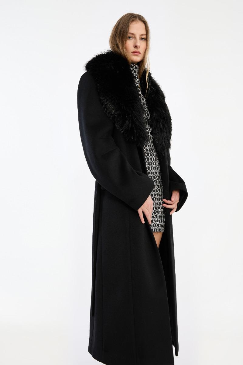 Rotate Birger Christensen Faux Fur Collar Long Coat Black