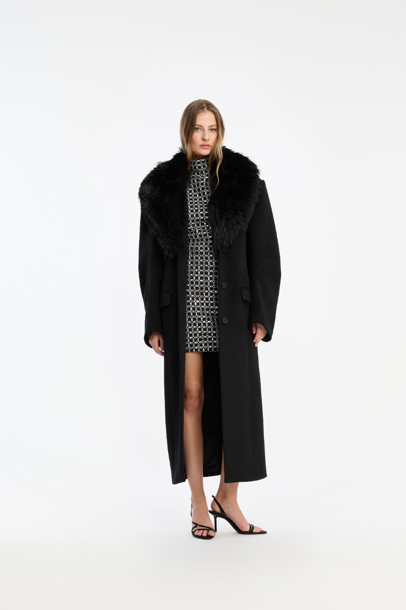 rotate birger christensen Faux Fur Collar Long Coat Black