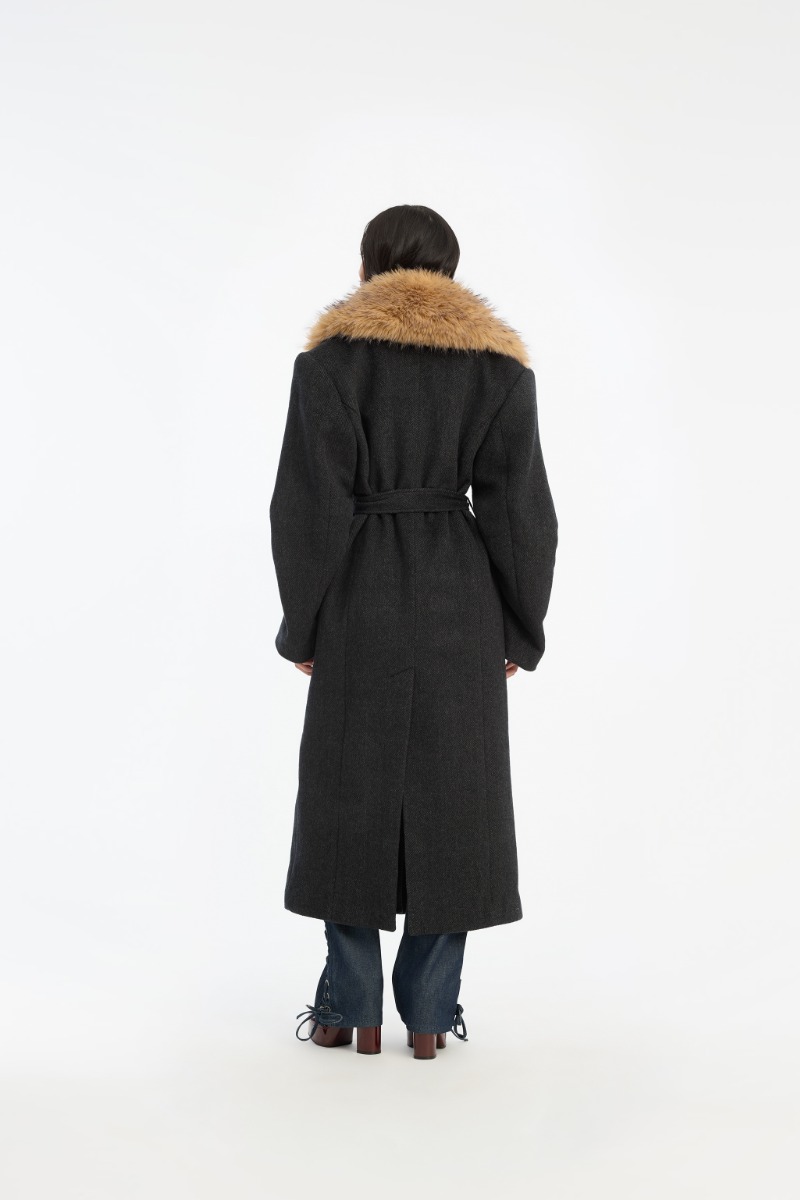 Rotate Birger Christensen Faux Fur Collar Long Coat Dark Grey