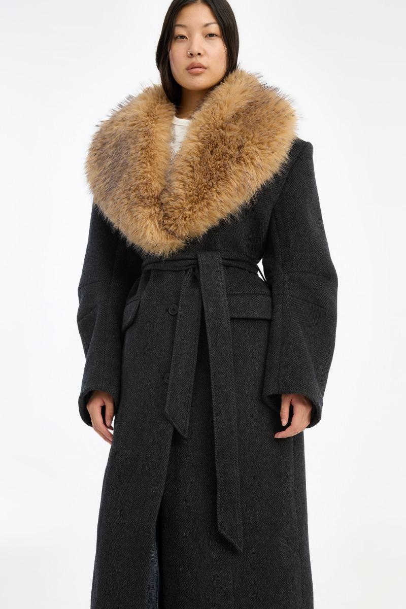 Rotate Birger Christensen Faux Fur Collar Long Coat Dark Grey