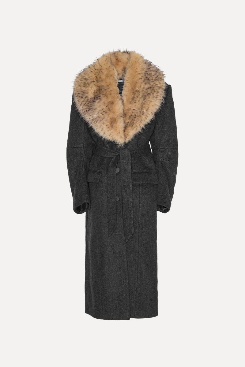 Rotate Birger Christensen Faux Fur Collar Long Coat Dark Grey
