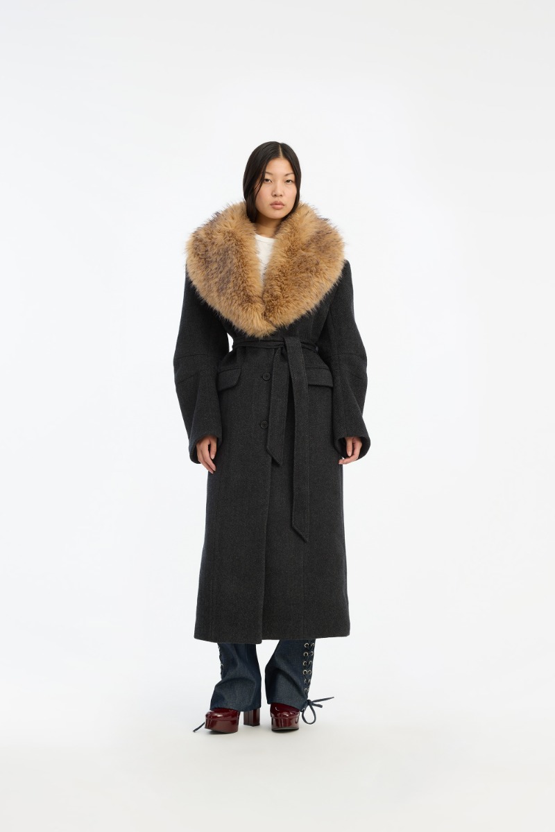 rotate birger christensen Faux Fur Collar Long Coat Dark Grey