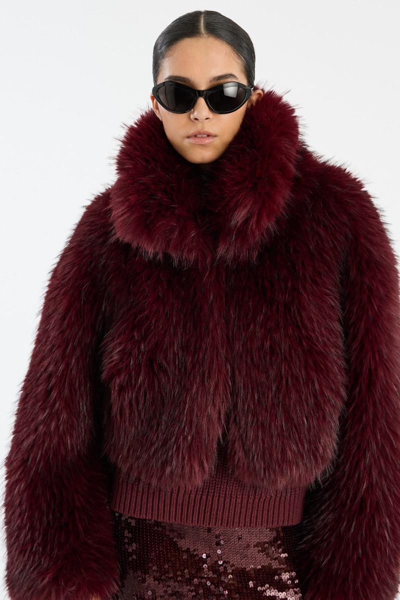 Rotate Birger Christensen Faux Fur Crop Jacket Burgundy