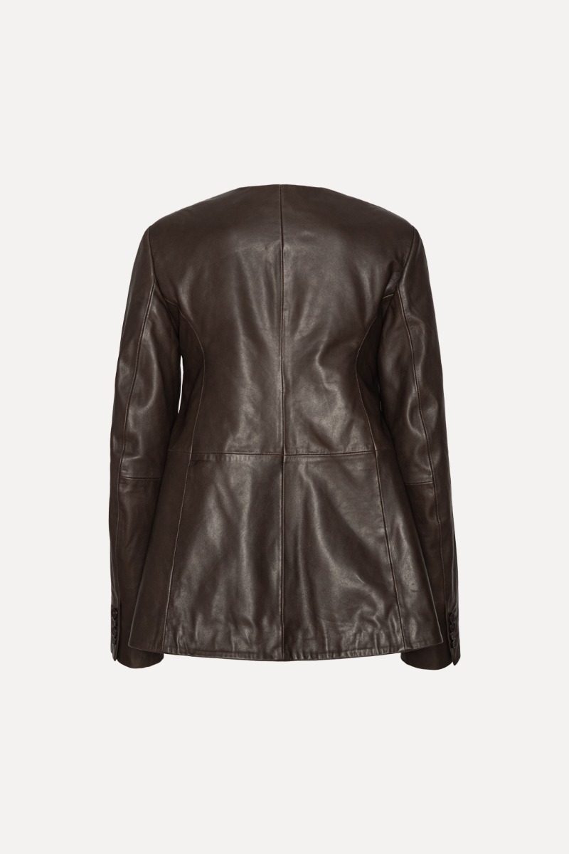 Rotate Birger Christensen Flared Leather Jacket Dark Brown