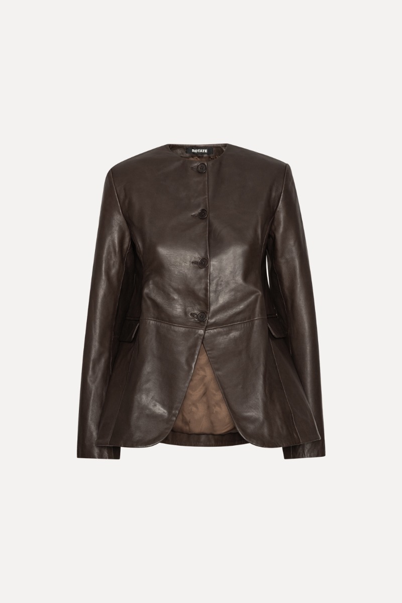 rotate birger christensen Flared Leather Jacket Dark Brown