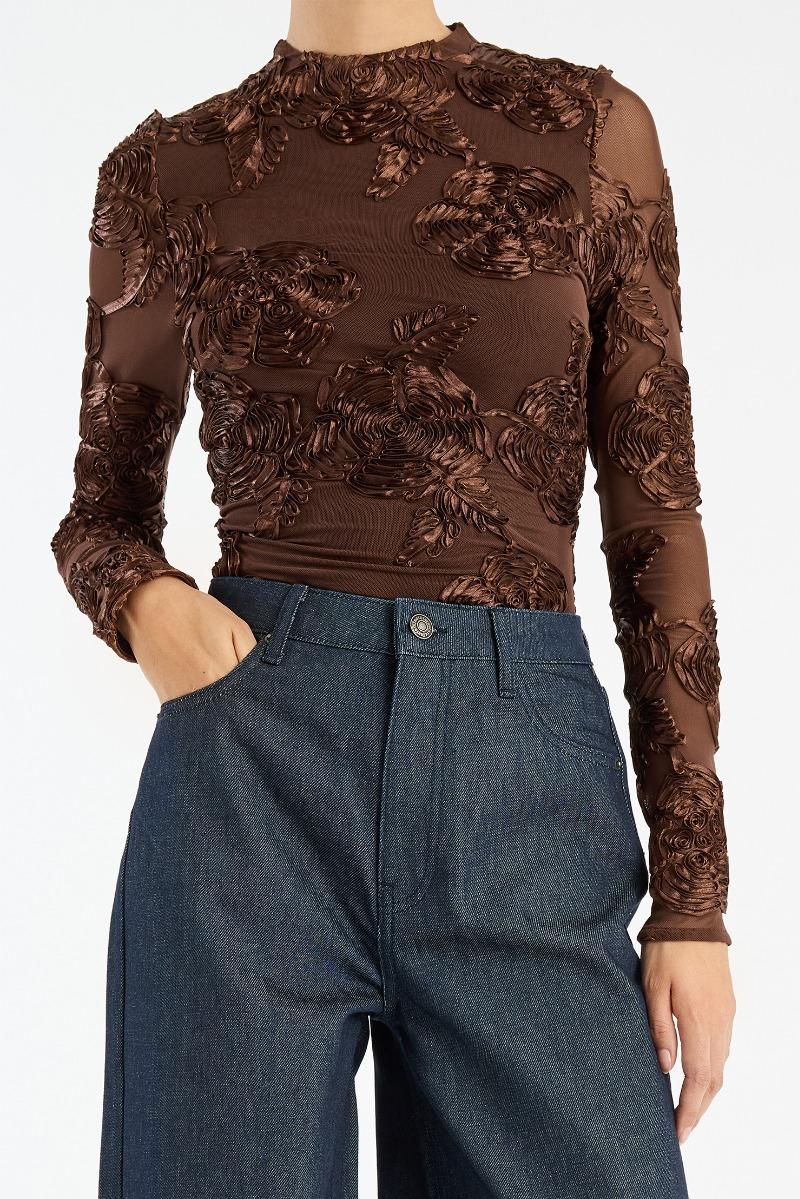 Rotate Birger Christensen Flower Mesh Ls Top Dark Brown