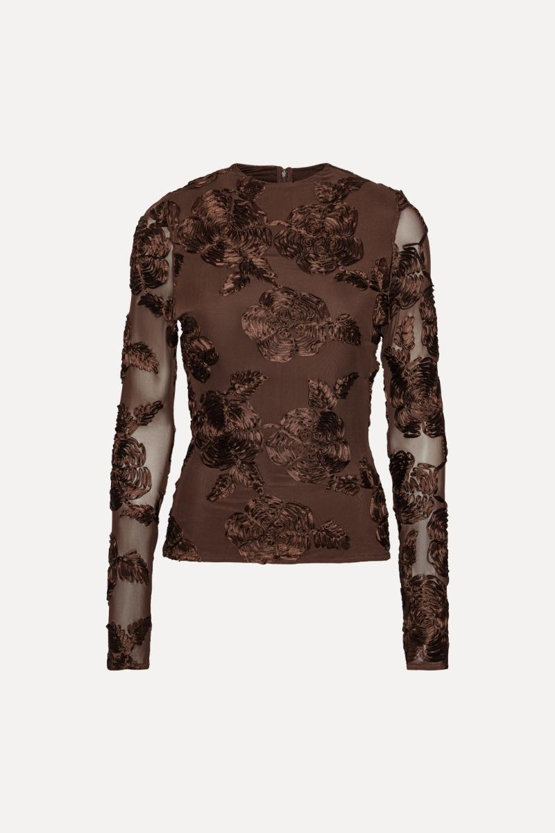Rotate Birger Christensen Flower Mesh Ls Top Dark Brown