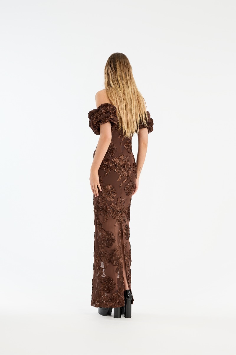 Rotate Birger Christensen Flower Mesh Maxi Dress Dark Brown