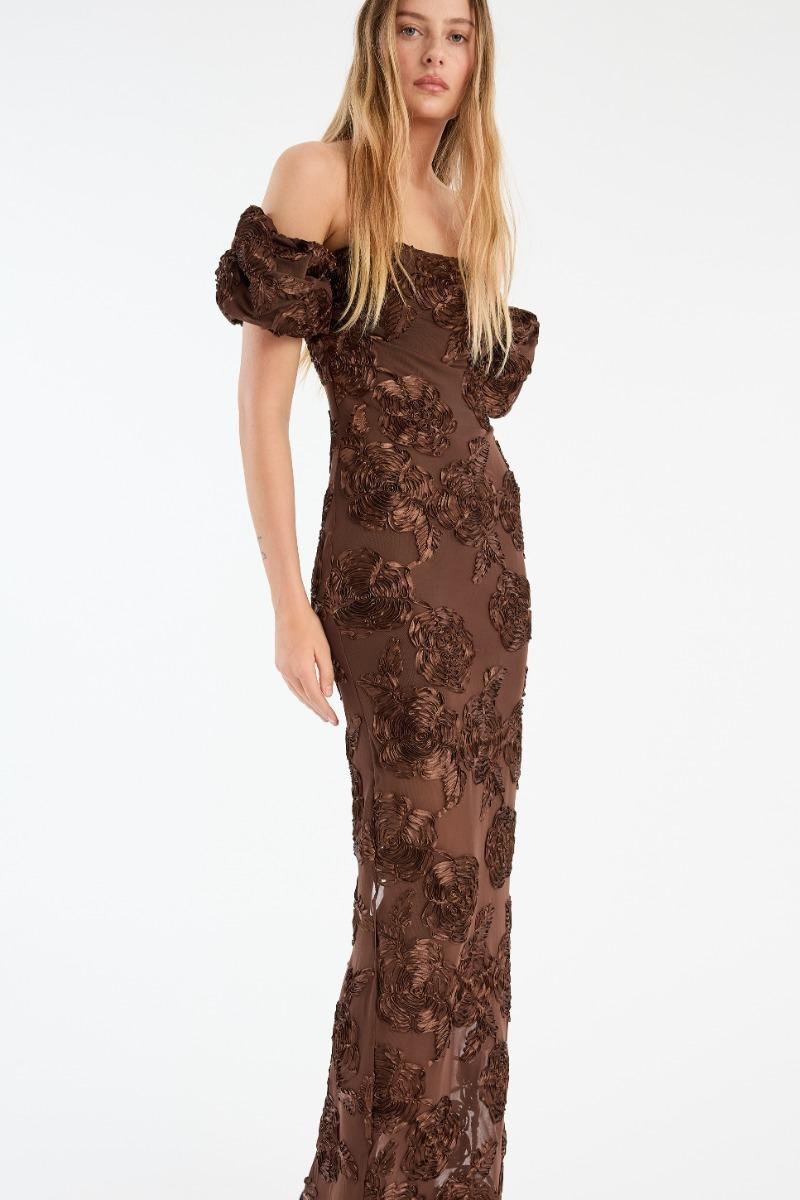 Rotate Birger Christensen Flower Mesh Maxi Dress Dark Brown