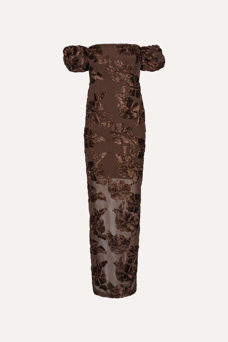 Rotate Birger Christensen Flower Mesh Maxi Dress Dark Brown