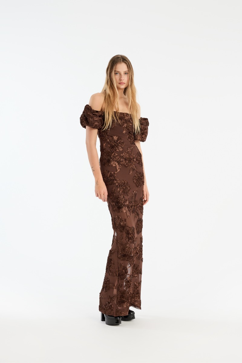 rotate birger christensen Flower Mesh Maxi Dress Dark Brown