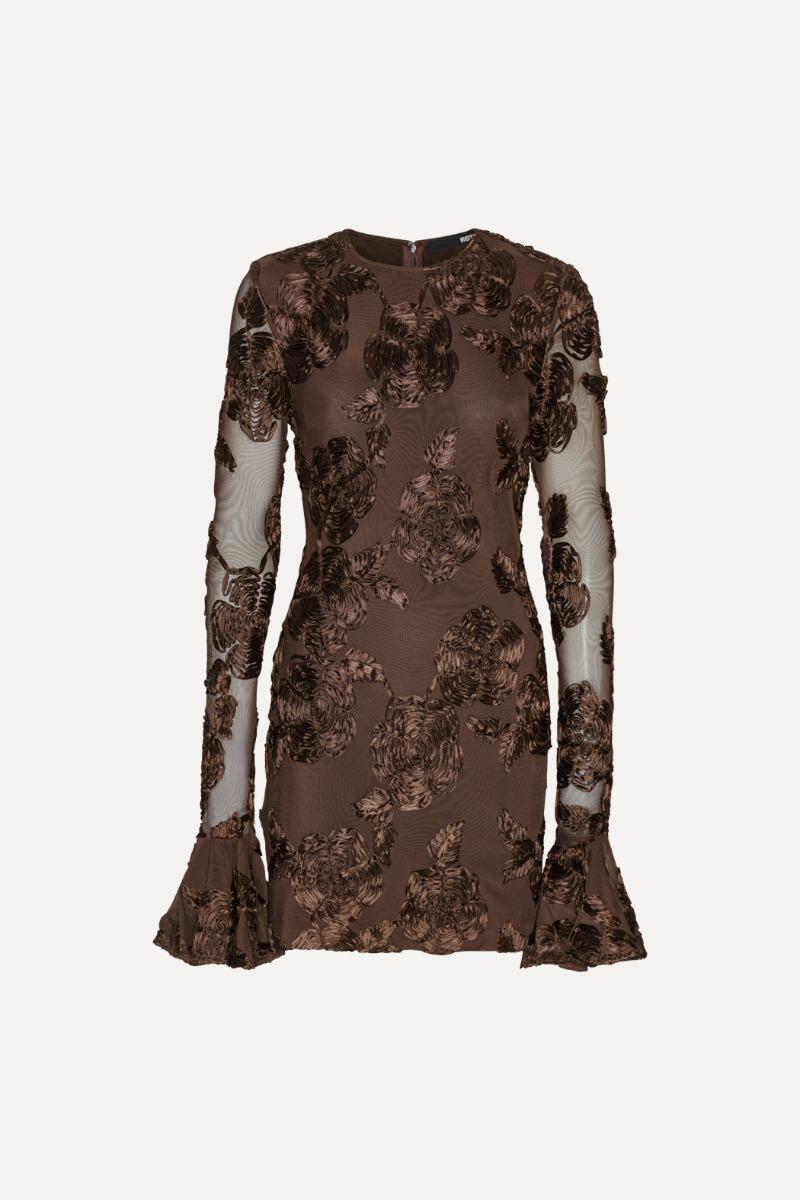 Rotate Birger Christensen Flower Mesh Mini Dress Dark Brown