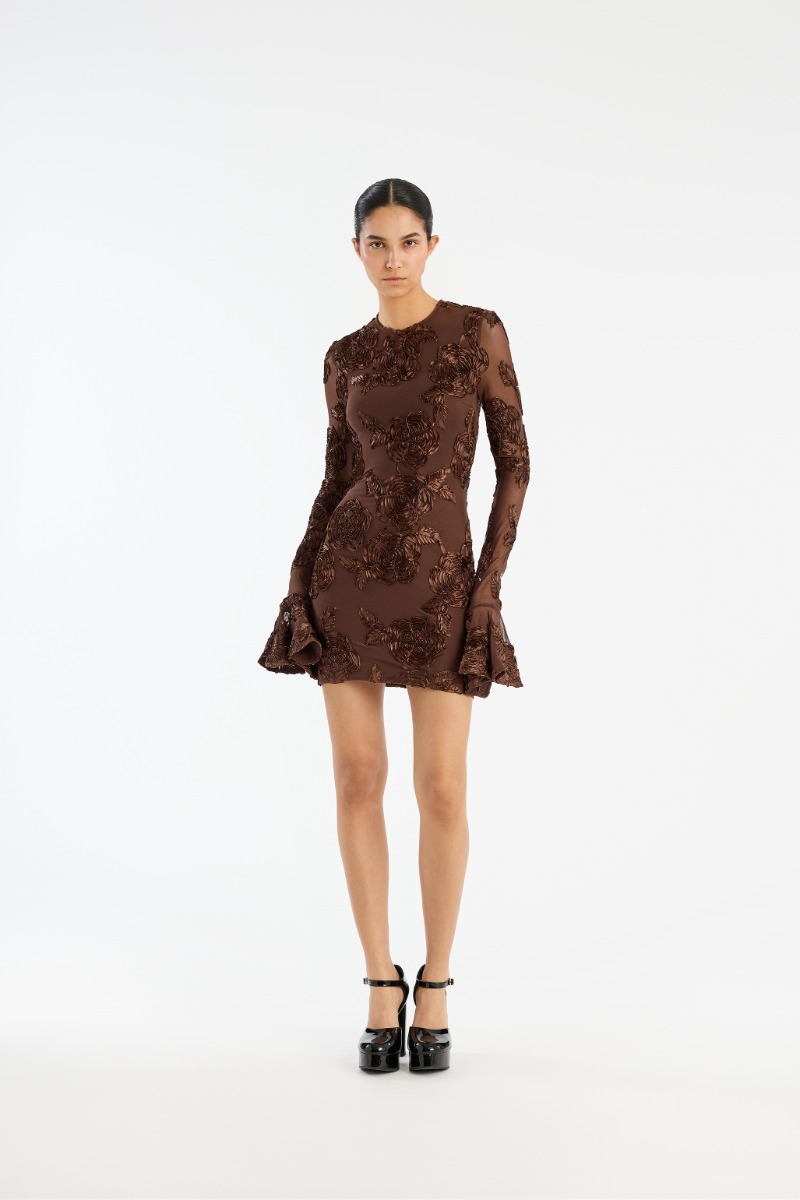 rotate birger christensen Flower Mesh Mini Dress Dark Brown