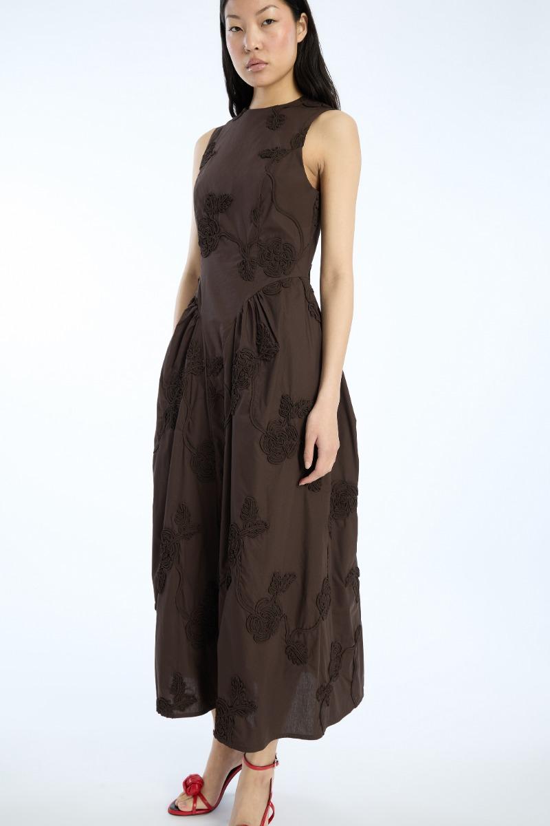 Rotate Birger Christensen Flower Midi Dress Dark Brown