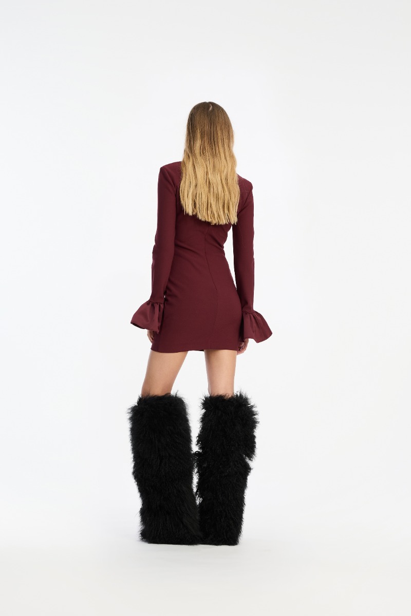 Rotate Birger Christensen Frill Sleeved Mini Dress Burgundy