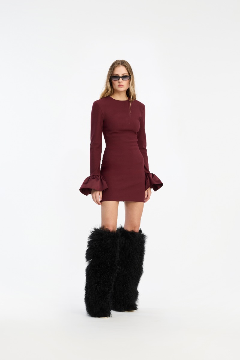 rotate birger christensen Frill Sleeved Mini Dress Burgundy