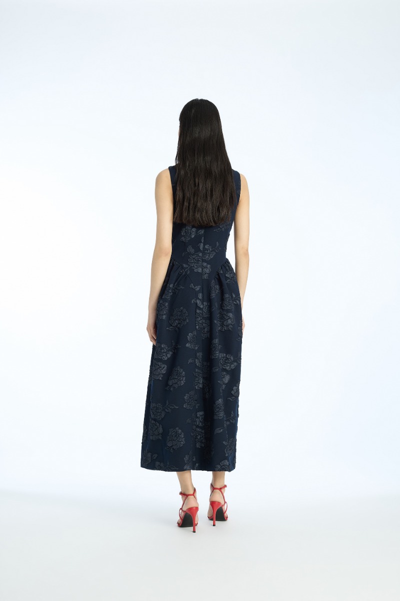 Rotate Birger Christensen Jacquard Midi Dress Dark Blue