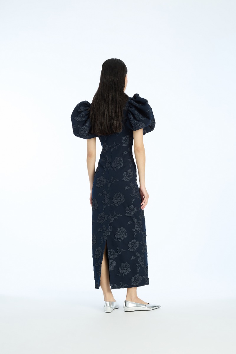 Rotate Birger Christensen Jacquard Midi Puff Dress Dark Blue