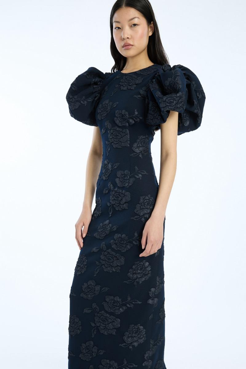 Rotate Birger Christensen Jacquard Midi Puff Dress Dark Blue