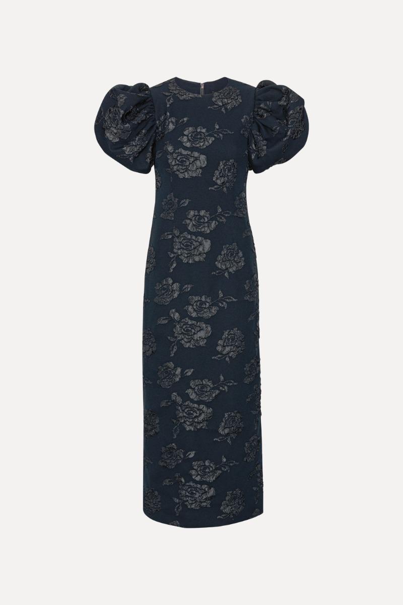 Rotate Birger Christensen Jacquard Midi Puff Dress Dark Blue
