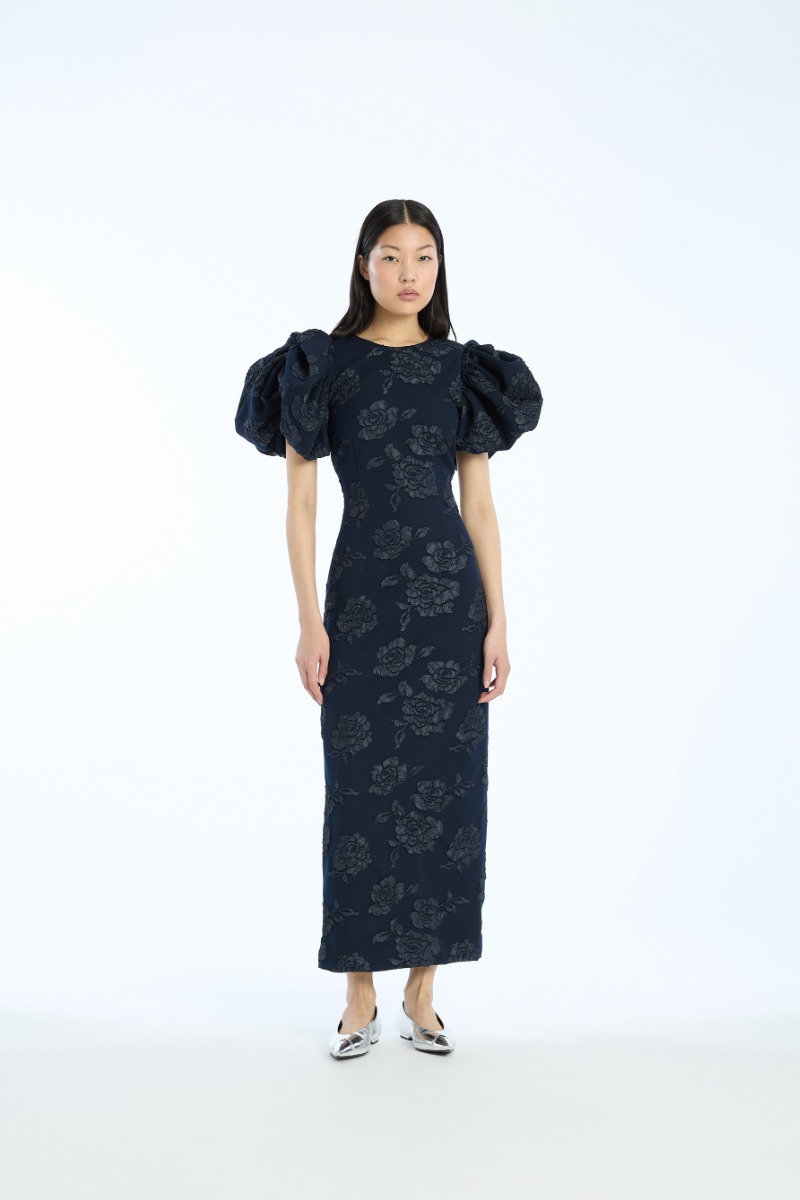 rotate birger christensen Jacquard Midi Puff Dress Dark Blue