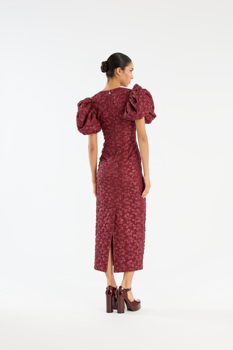 Rotate Birger Christensen Jacquard Midi Puffy Dress Burgundy
