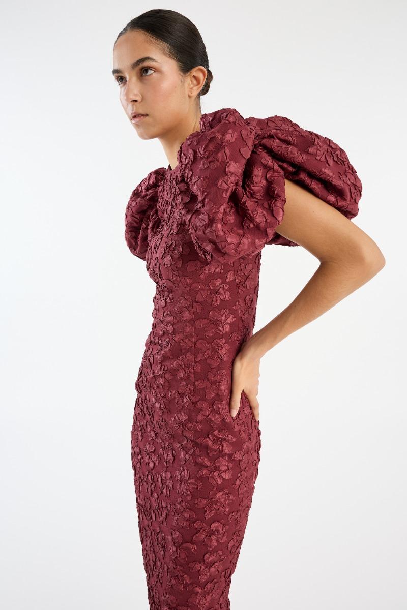 Rotate Birger Christensen Jacquard Midi Puffy Dress Burgundy
