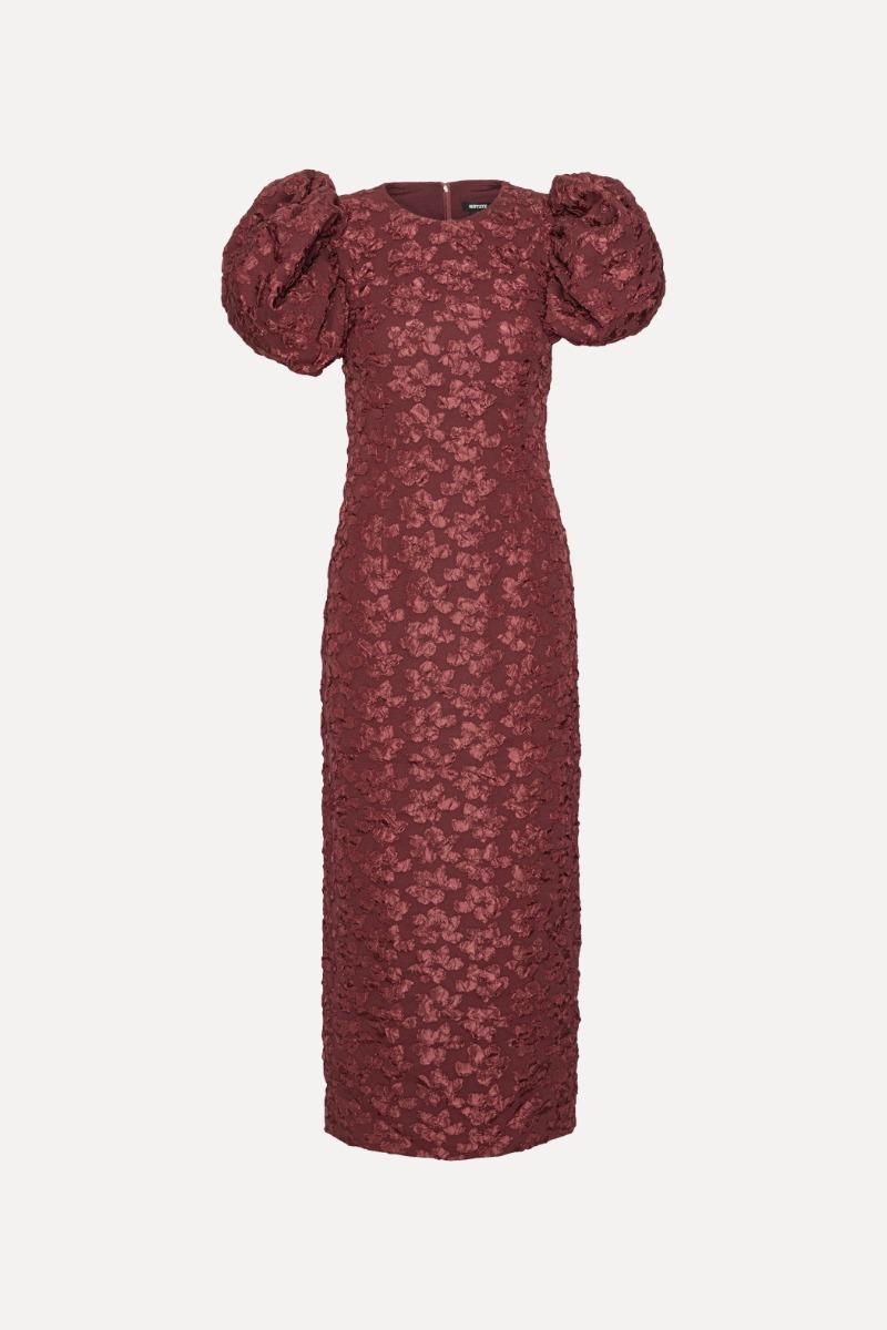 Rotate Birger Christensen Jacquard Midi Puffy Dress Burgundy