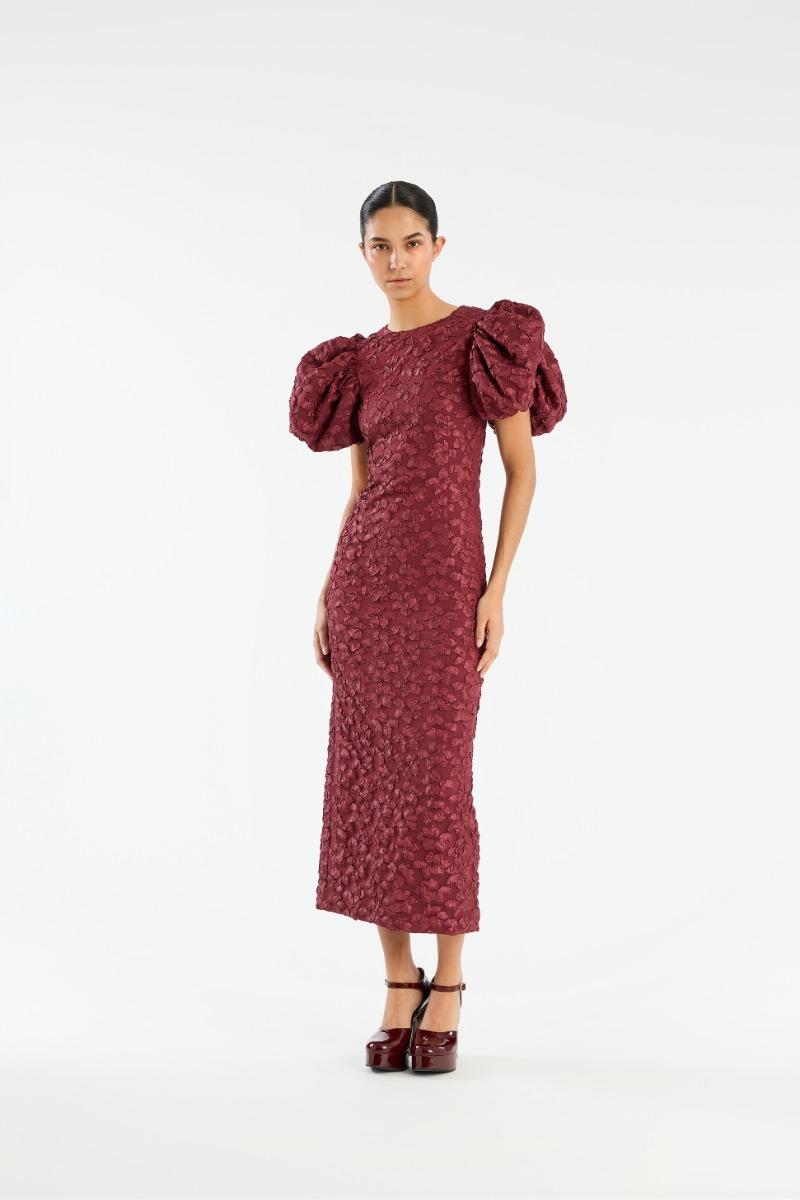 rotate birger christensen Jacquard Midi Puffy Dress Burgundy