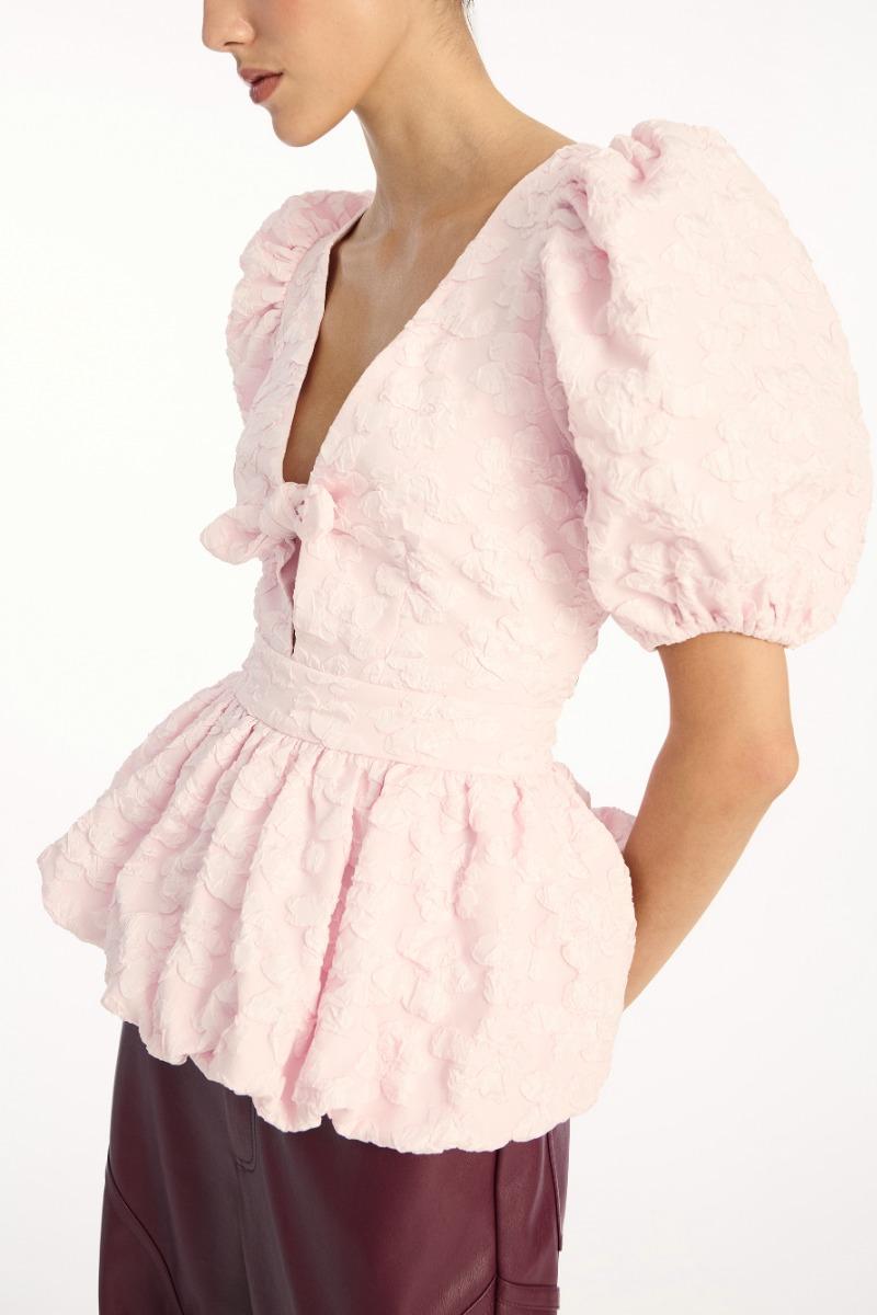 Rotate Birger Christensen Jacquard Puff Sleeve Top Light Pink