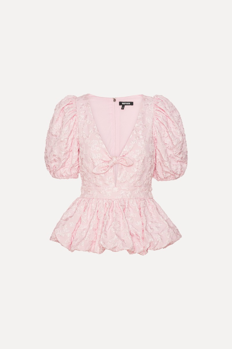 Rotate Birger Christensen Jacquard Puff Sleeve Top Light Pink