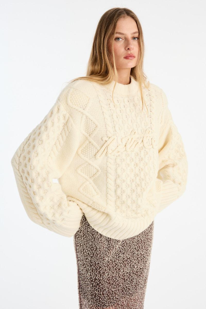 Rotate Birger Christensen Knit Cable Crewneck White