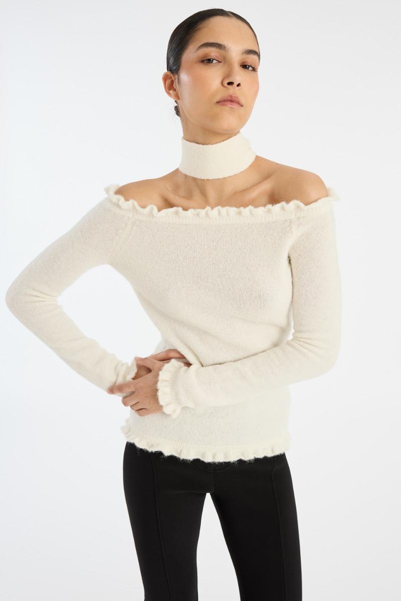 Rotate Birger Christensen Knit Off-shoulder Top White