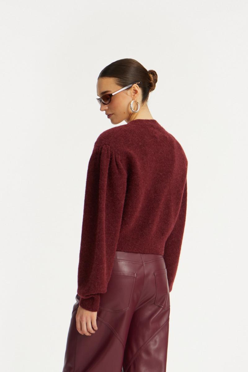 Rotate Birger Christensen Knit Puffsleeve Cardigan Bordeaux