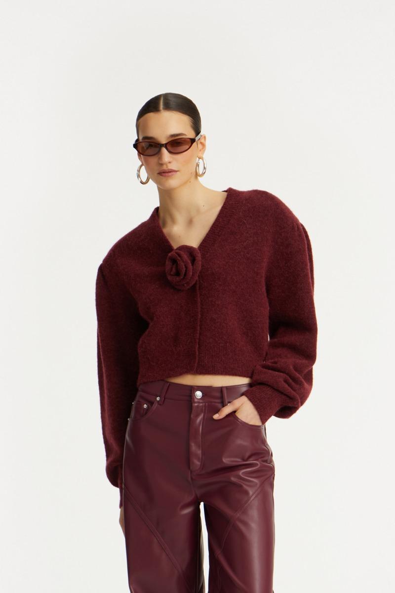 rotate birger christensen Knit Puffsleeve Cardigan Bordeaux