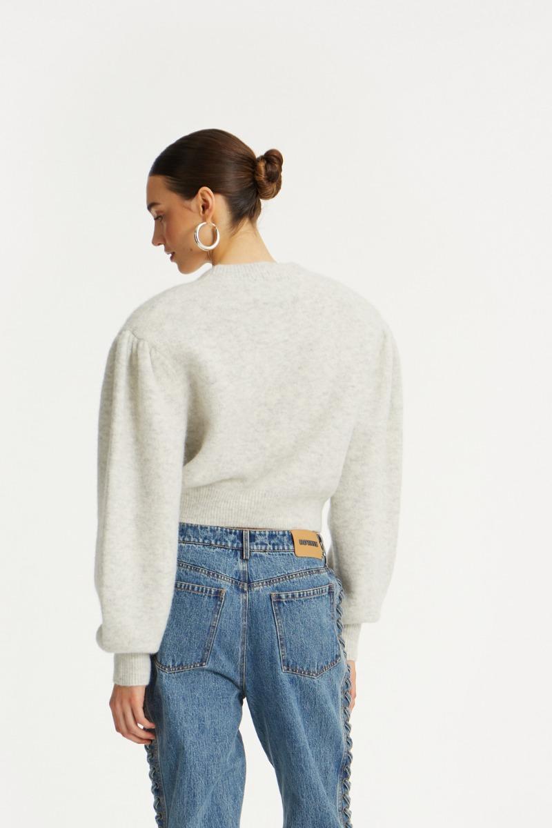 Rotate Birger Christensen Knit Puffsleeve Cardigan Light Grey