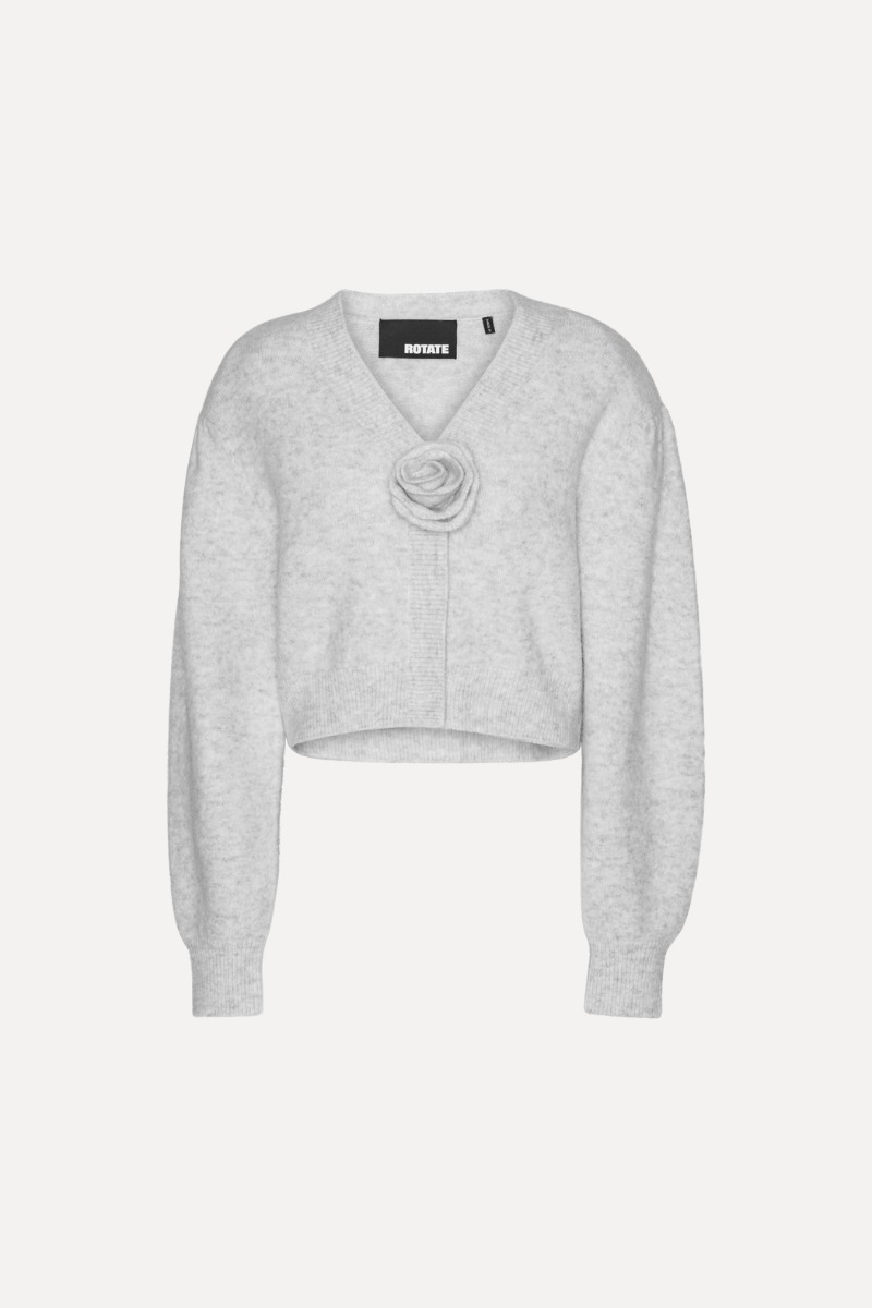 Rotate Birger Christensen Knit Puffsleeve Cardigan Light Grey